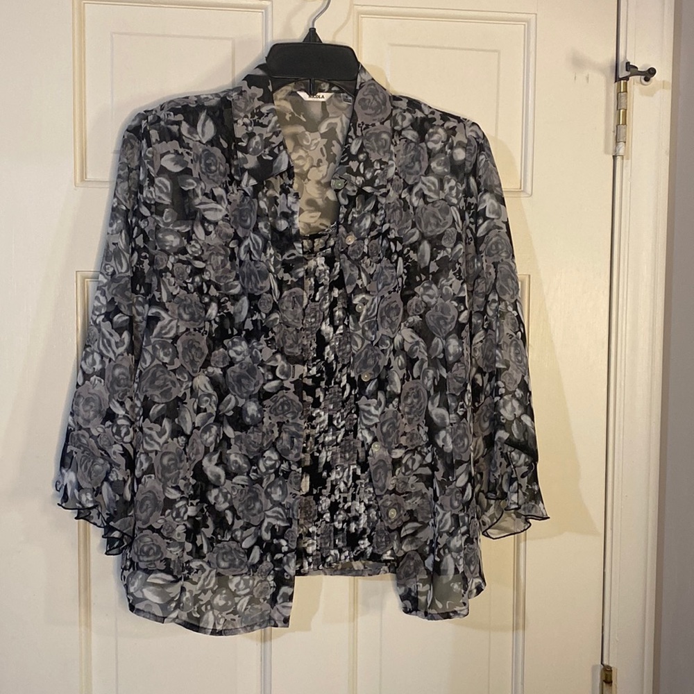 Two Piece Black Gray and White Floral Blouse